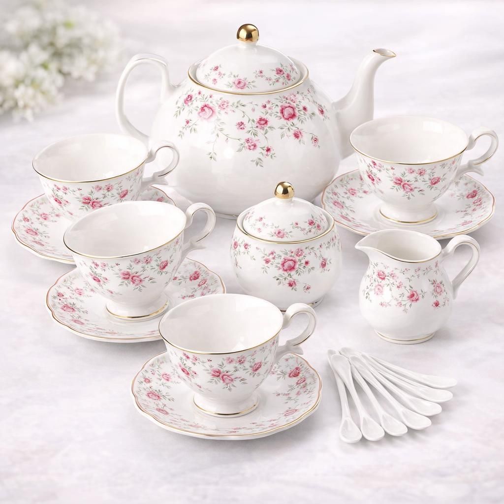fanquare Service à Thé en Porcelaine, Ensemble de Tasse et Soucoupe à Thé, Service de Thé 6 Personnes, Théière de Mariage Pichet à Crème dans un Sucrier, Service à Café Flower China, Rose Rouge