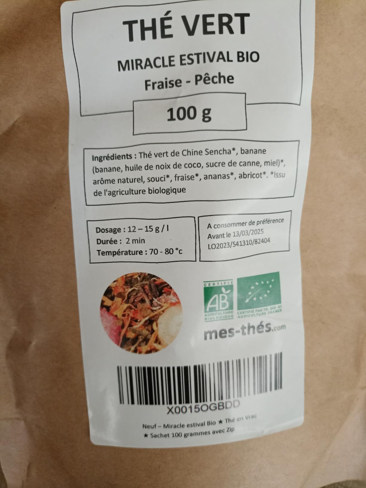 thé vert bio framboise fraise pêche en vrac 100 g