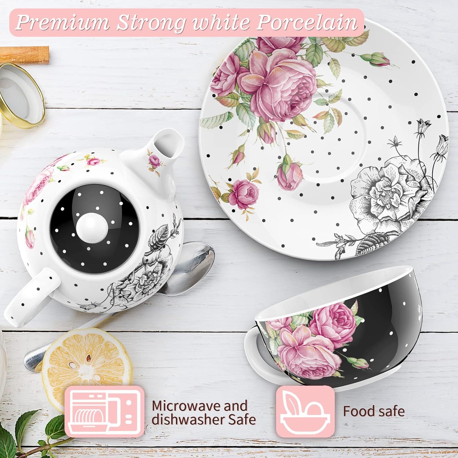 London Boutique - Théière, tasse et sous-tasse en porcelaine pour femme - Motif floral vintage - pour 1 personne - 350 ml (noir)