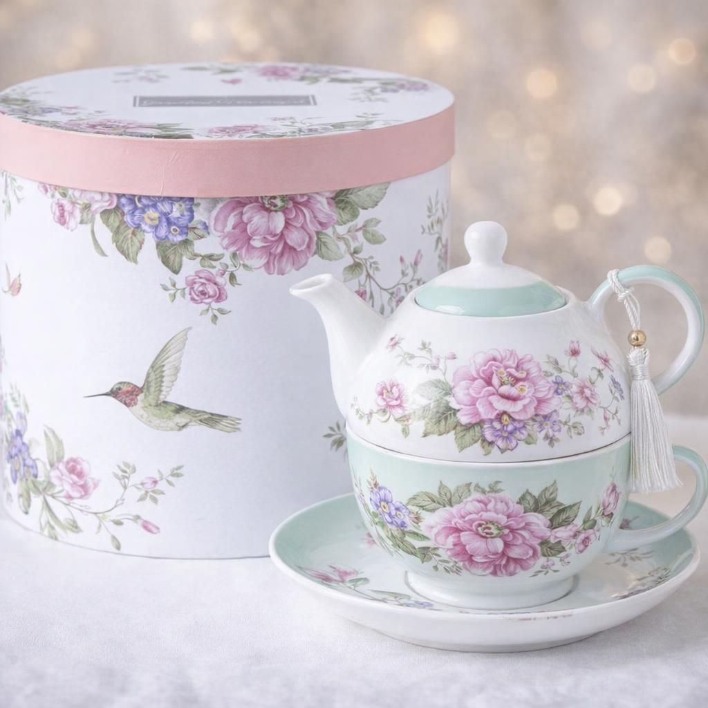 Ensemble de théière, tasse et soucoupe en porcelaine pour une personne à motif floral boîte cadeau