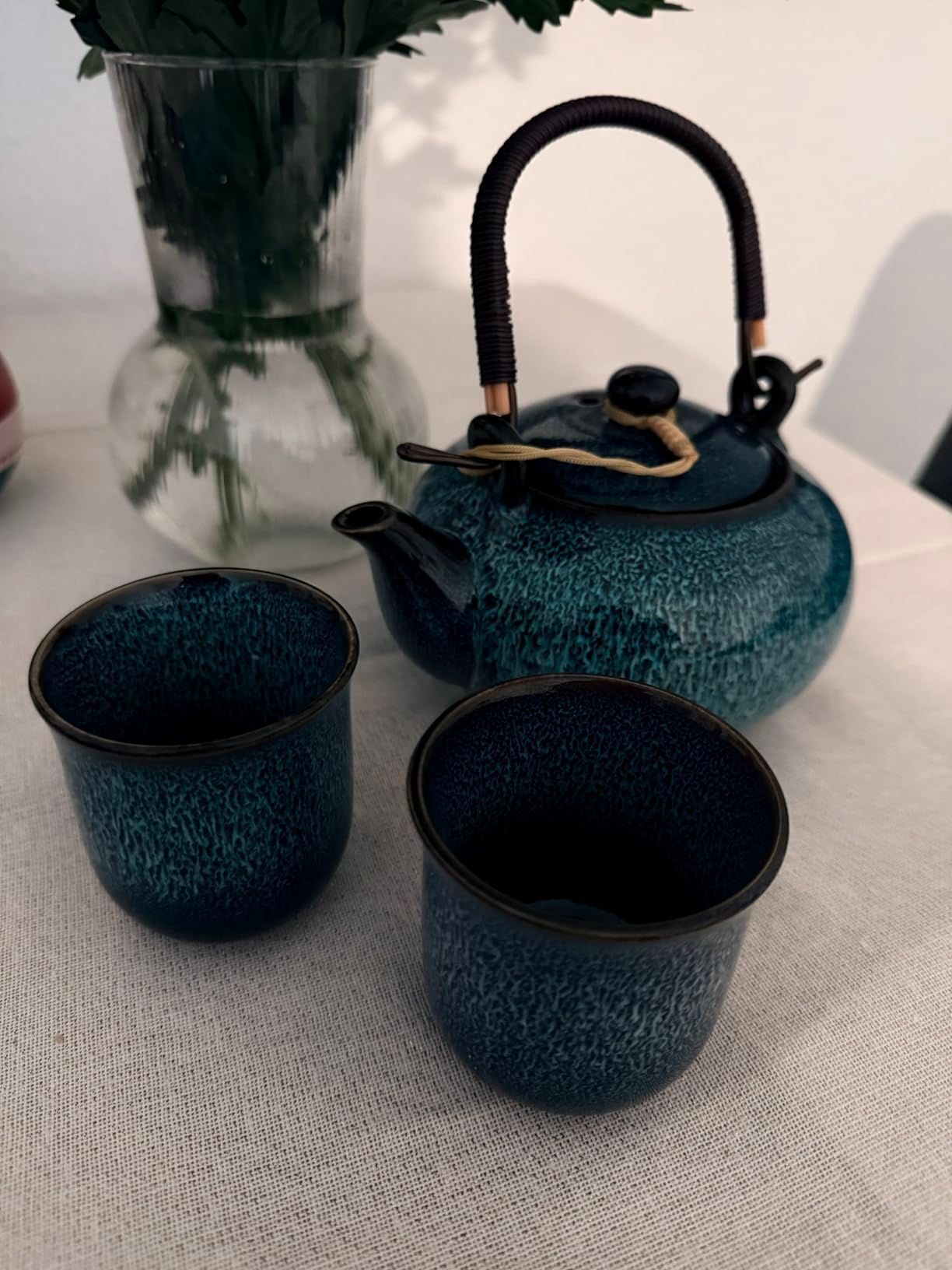 Service à thé chinois en céramique, théière de 600 ml et 6 tasses de 120 ml, service à thé kungfu changeant de four, théière asiatique pour les amateurs de thé, bleu