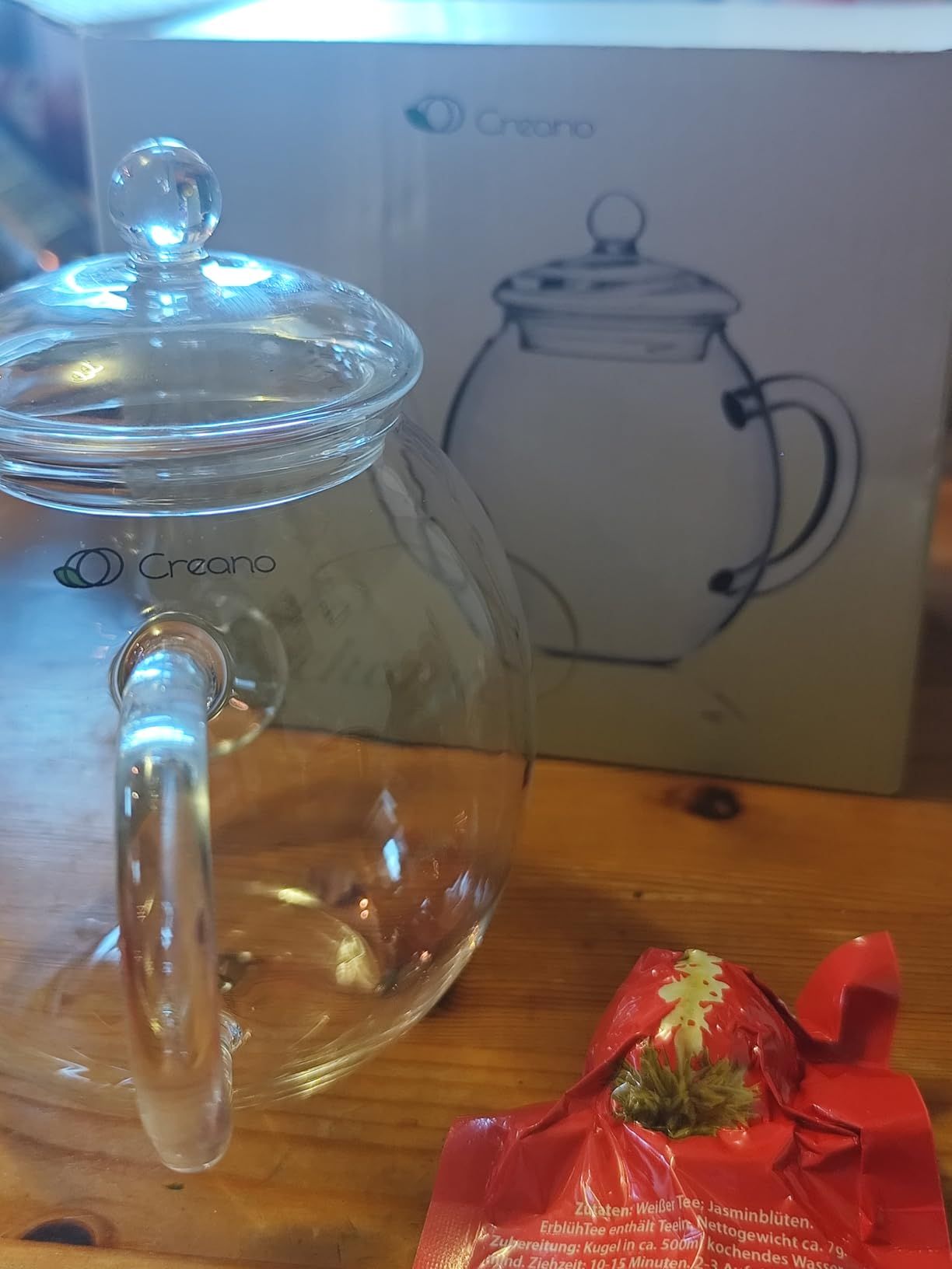 Creano „Fleurs de Thé“ Verts 6 pcs – Théière en Verre 500ml sans goutte – 6 variétés de thé vert aromatisé – Idée cadeau femme