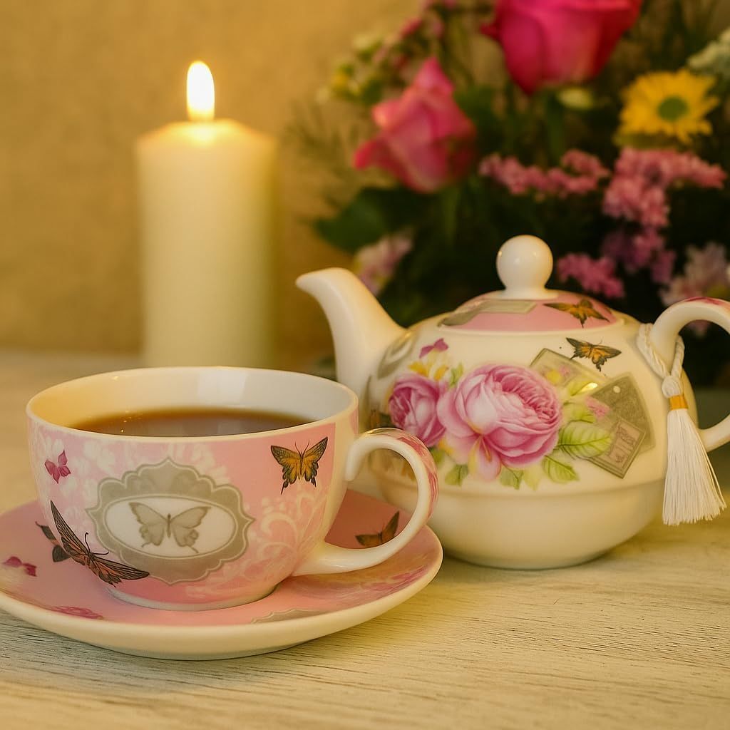 London Boutique Ensemble théière, tasse et soucoupe vintage en porcelaine pour 1 personne, motif floral avec rose et papillons, boîte-cadeau incluse