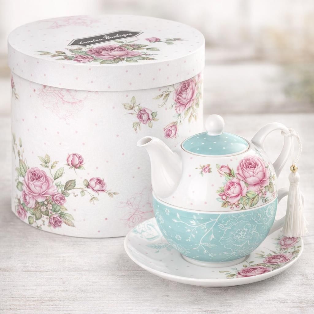 London Boutique Service à thé pour une personne avec théière, tasse à thé et soucoupe pour 1 personne en porcelaine anglaise Motif floral vintage 350 m (turquoise)