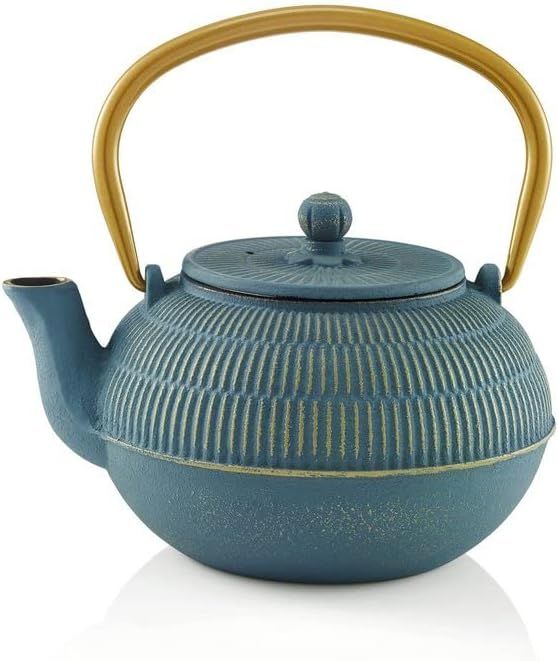 Beka Yuan théière en fonte japonaise 0,9 L - Théière avec infuseur en inox, anse rabattable et bec veseur anti-goutte - Bouilloire compatible avec tous feux - Théière orientale bleue