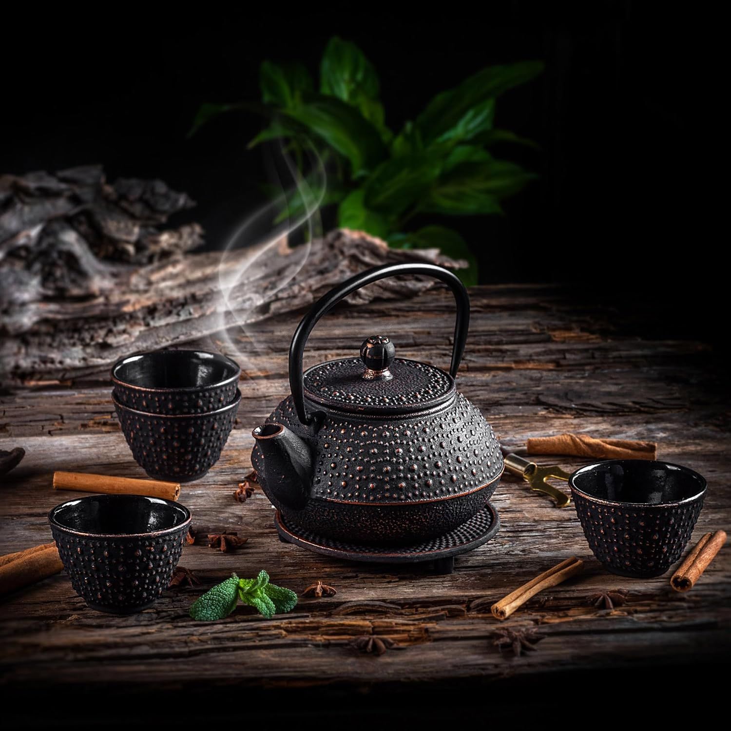 KADAX Théière Japonaise en Fonte de 850ml avec Intérieur Émaillé, Quatre Tasses et Infuseur pour Thé en Vrac, Service à Thé Traditionnel (Noir)