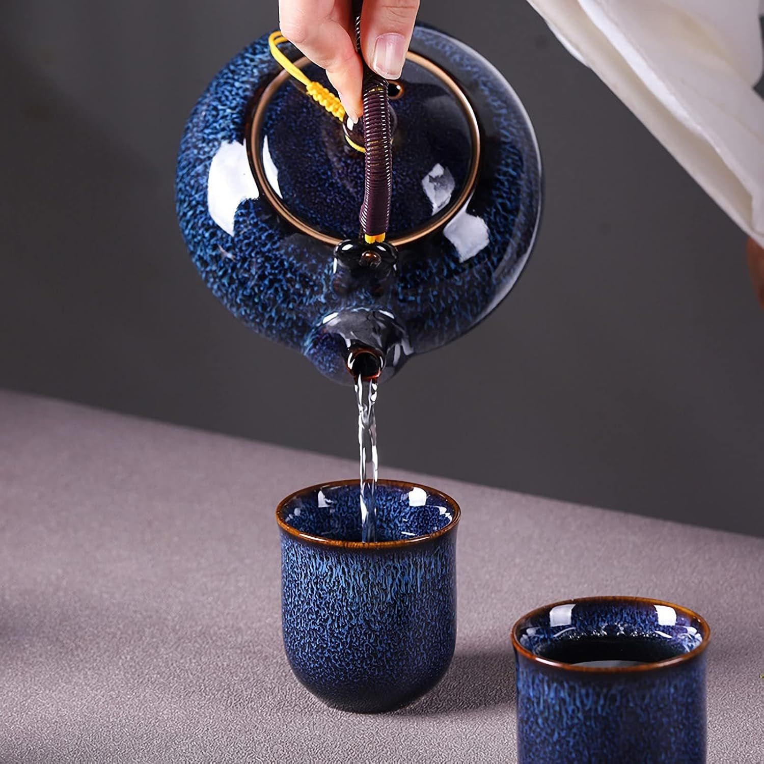Service à thé chinois en céramique, théière de 600 ml et 6 tasses de 120 ml, service à thé kungfu changeant de four, théière asiatique pour les amateurs de thé, bleu