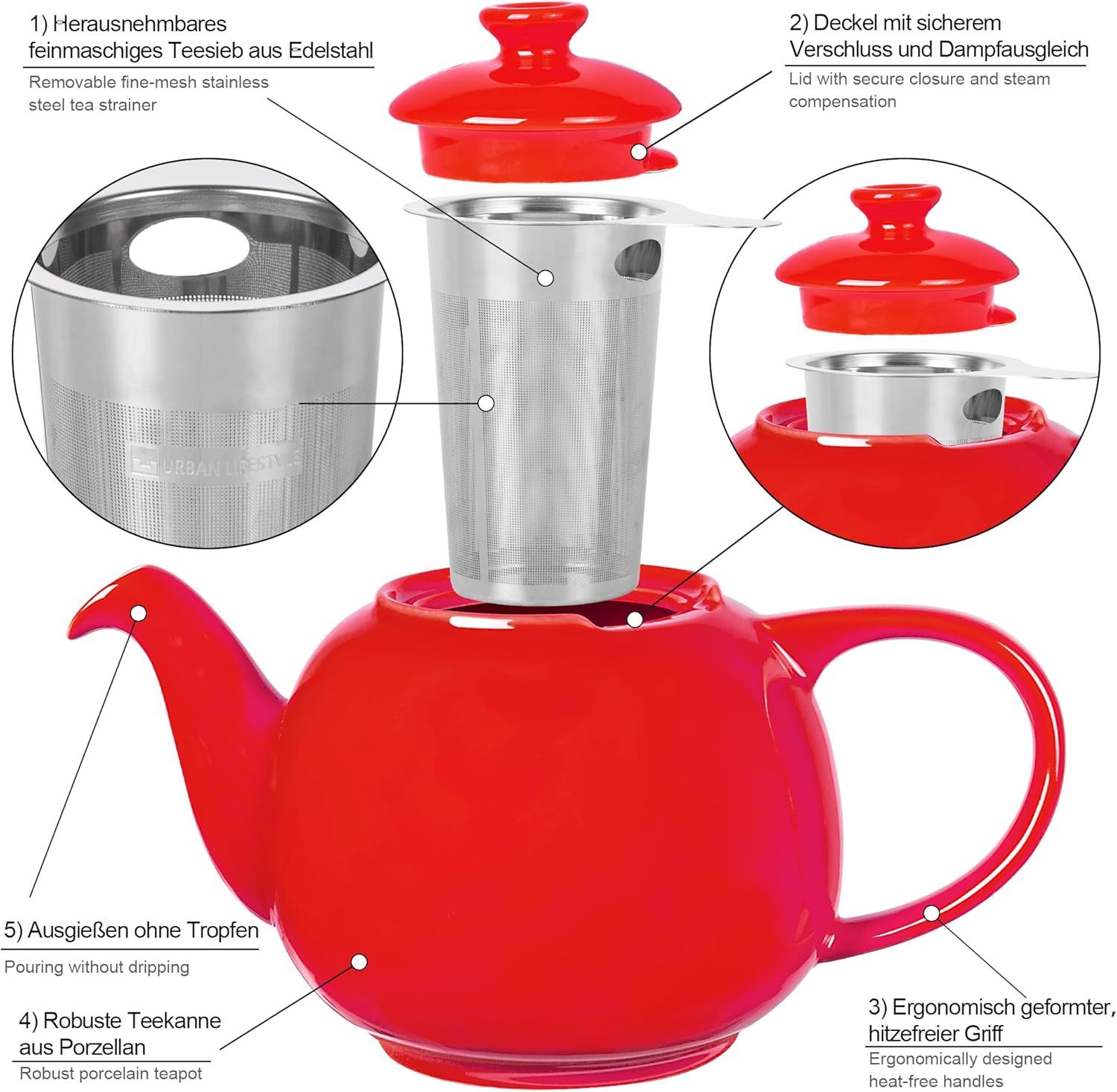 URBAN LIFESTYE Théière avec infuseur 1,1 L en porcelaine rouge Théière anti-goutte Infuseur intégré pour thé loose (Swansea)