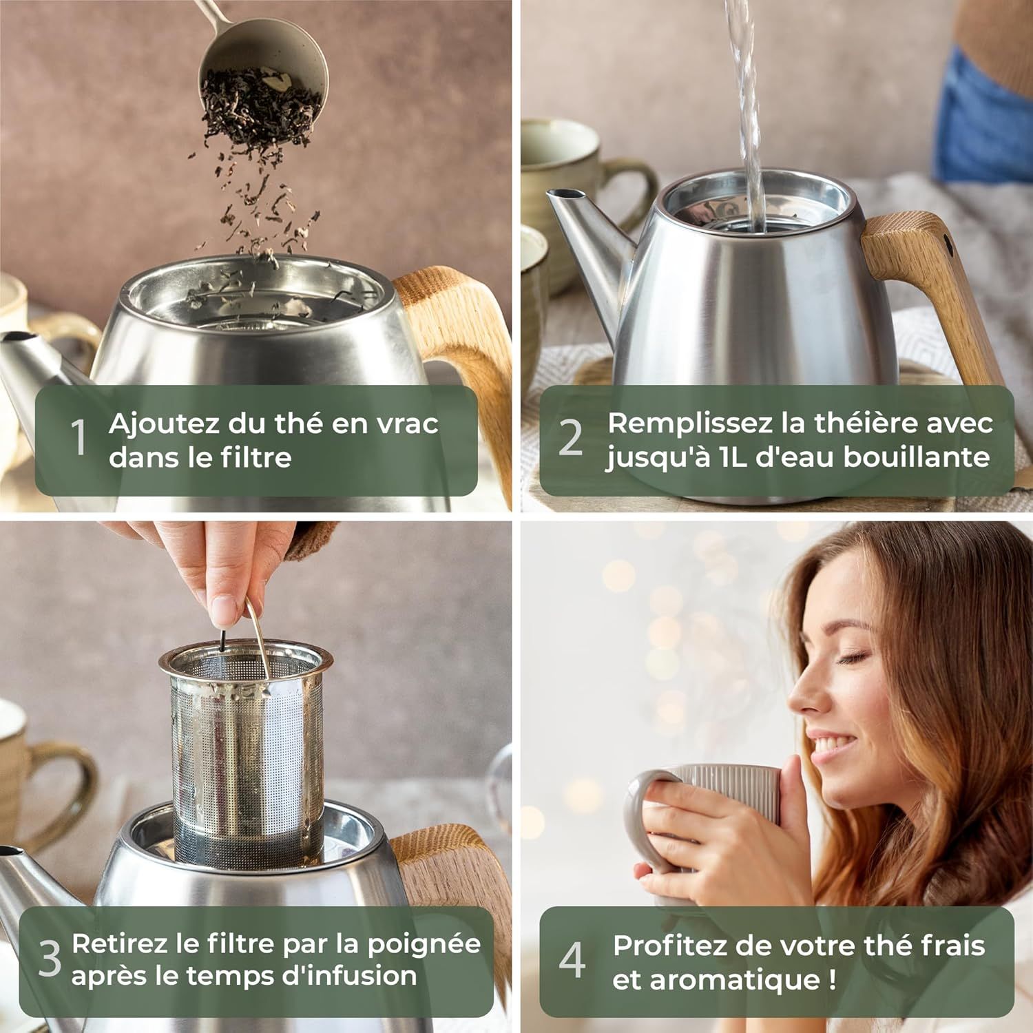 WALDWERK Théière avec Infuseur Inox à Double Paroi - Isotherme avec Poignées en Chêne - 100% Anti-goutte