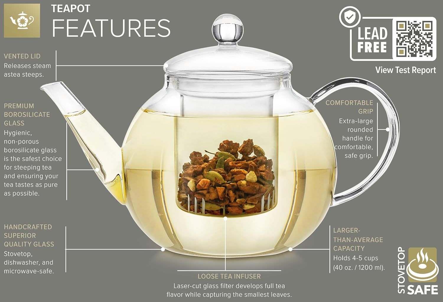 Teabloom Théière en Verre, Résistante à la Cuisson et aux Micro-ondes, avec Infuseur Amovible pour Thé en Vrac – 2 Thés Fleuris Inclus – Bouilloire et Machine à Thé 1.2 L
