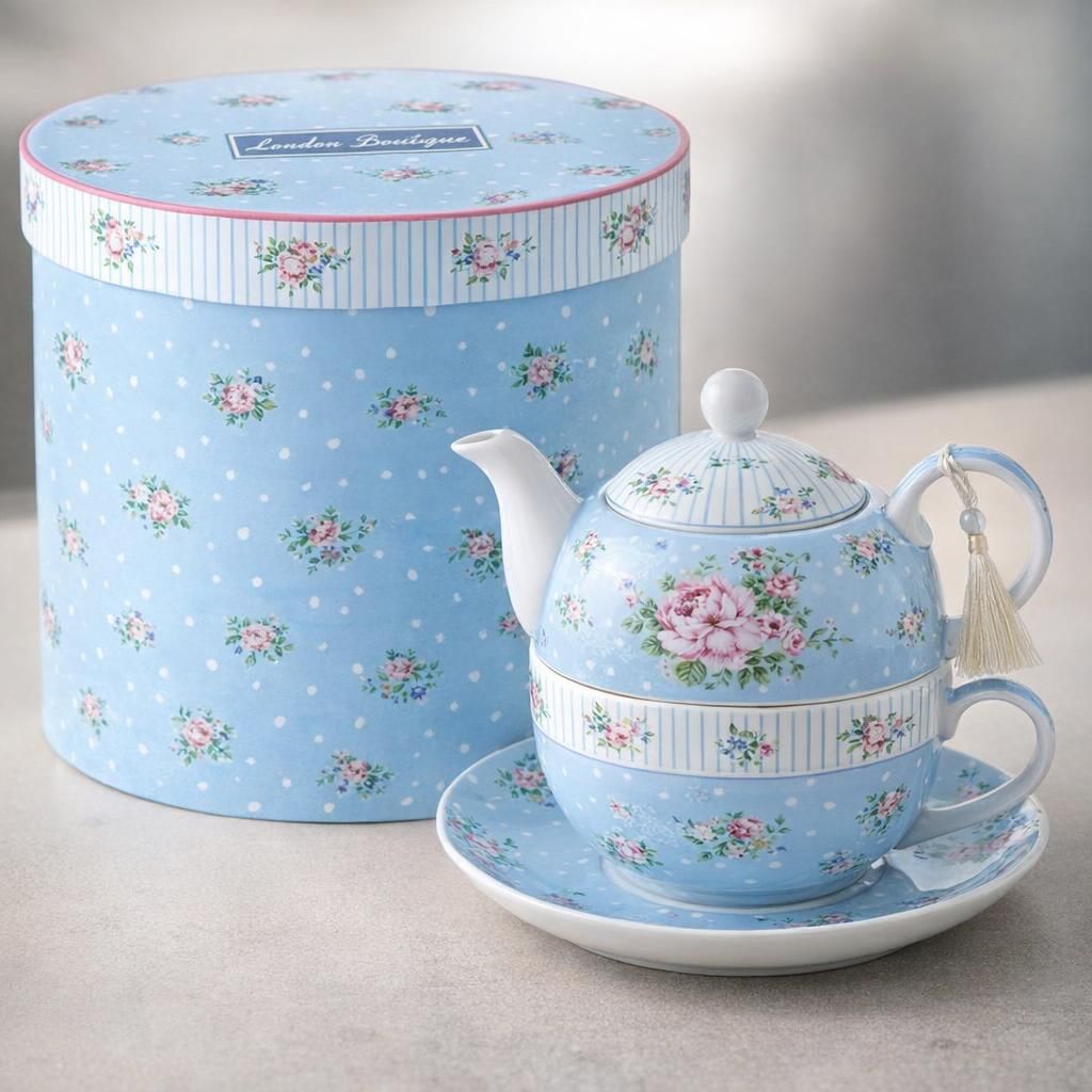London Boutique Théière en Porcelaine Fine pour Une Personne avec Soucoupe Motif Fleurs de Rose Vintage Victoria Flora Bleu