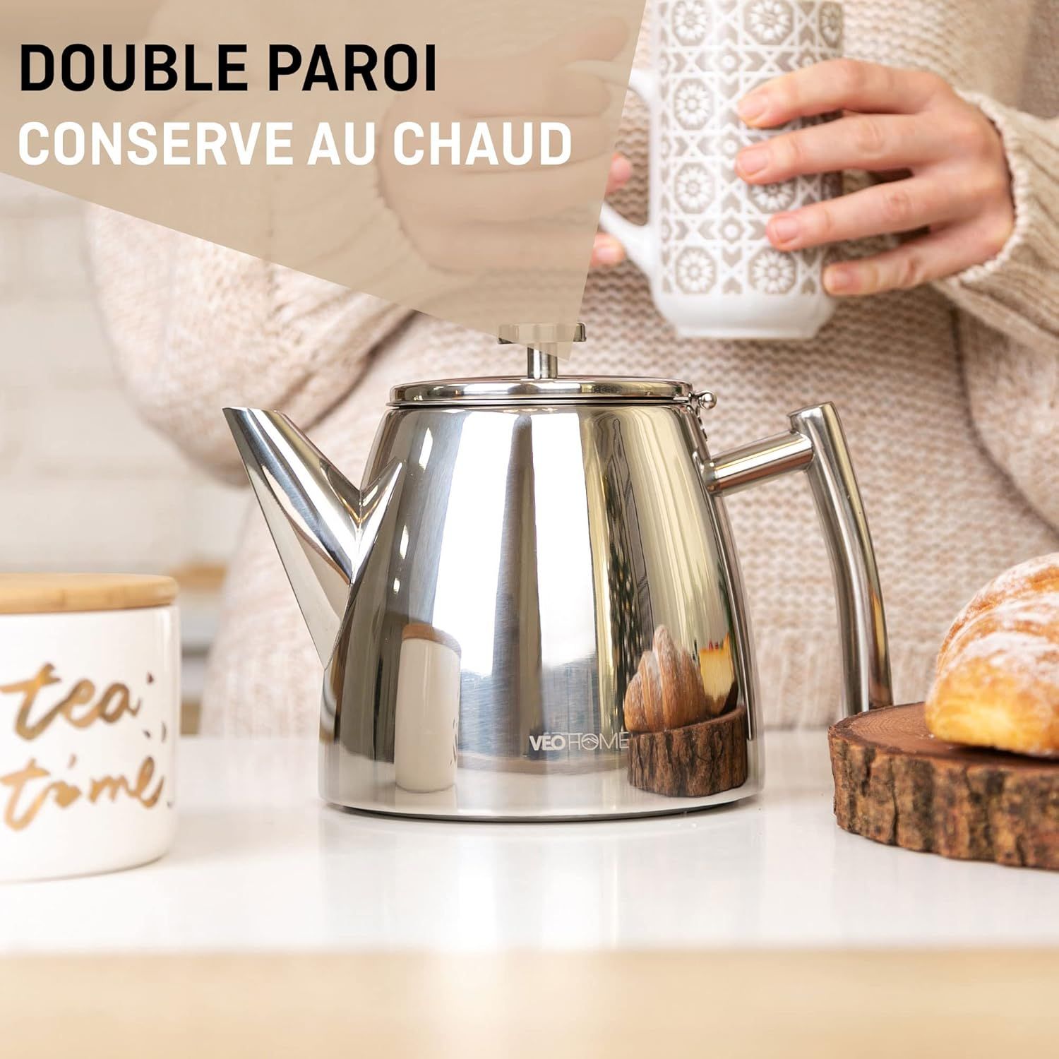 Theière inox avec infuseur 1L - Garde la chaleur grâce à sa double paroi