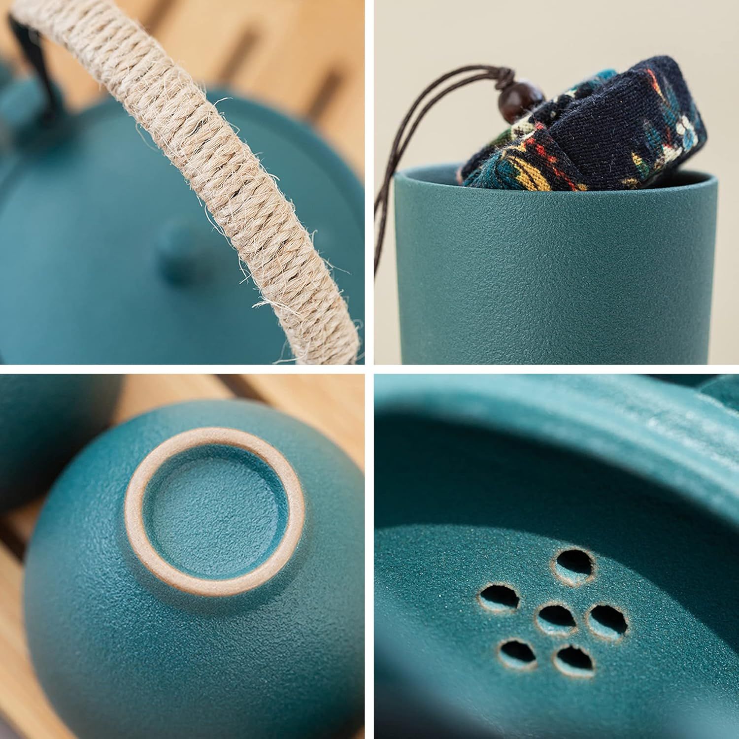 fanquare Service à Thé Vert Japonais pour Adultes, Ensembles de Thé Chinois en Céramique, Service à Thé Portable Kung Fu avec Plateau en Bambou