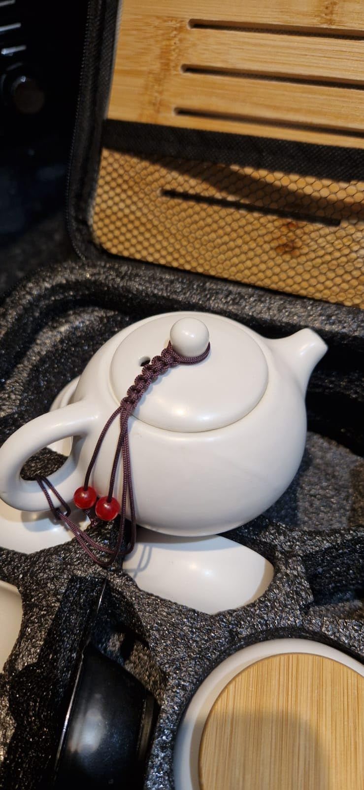 Théière chinoise avec plateau et infuseur - Théière portable en porcelaine - Sac tout-en-un - Pour extérieur, pique-nique, affaires, hôtel (noir)