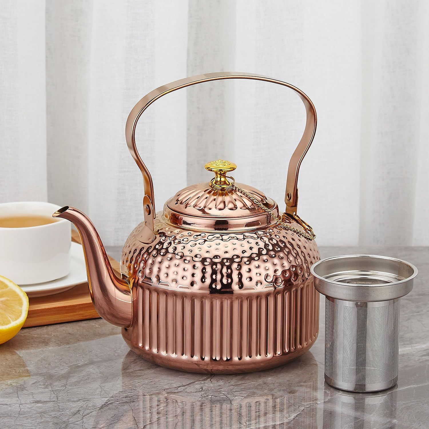 SANQIAHOME 1200ml Théière en acier inoxydable avec infuseur style rétro，Cuivre