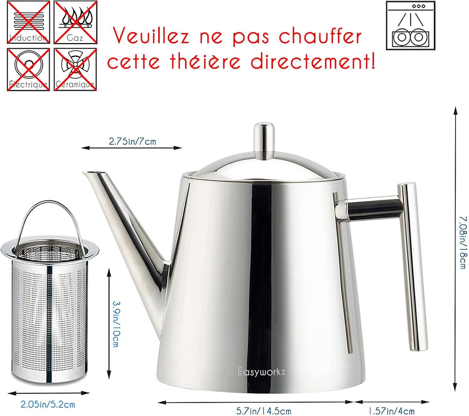 Easyworkz Théière à double paroi en acier inoxydable de 1000 ml avec infuseur à thé amovible, parfaite pour préparer votre thé préféré, chromée
