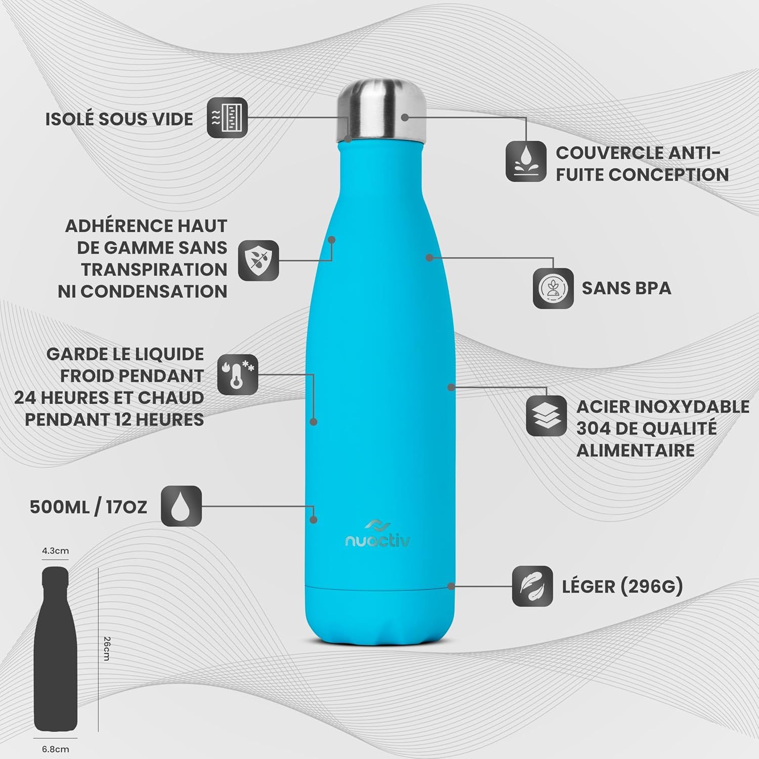 Bouteille Isotherme 500ml en Acier Inox – Garde 24h Froid & 12h Chaud – Gourde Double Paroi Sans BPA Étanche Réutilisable pour Voyage, Randonnée, École, Sport, Fitness & Usage Quotidien