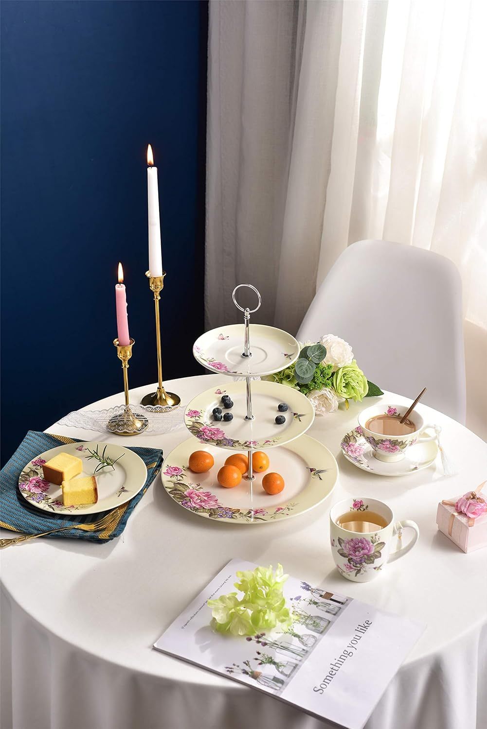 Lot de 3 Assiettes à café et soucoupes à Dessert Style Shabby Chic Vintage en Porcelaine avec Motif Oiseau et Papillon (crème/Beige)