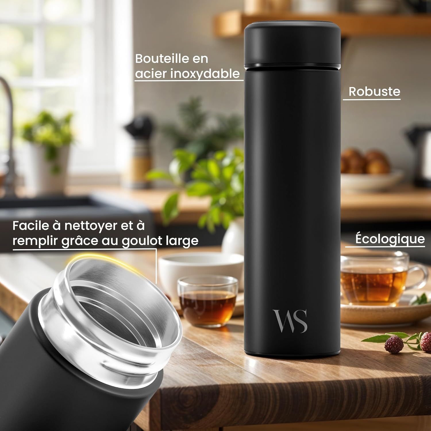 Bouteille d’eau isotherme à infusion thé & fruits + infuseur à fruit + passoire thé sans BPA | Thermos 450ml en acier inoxydable isolé sous vide | Gourde bureau extérieur école voyage sport – Noir
