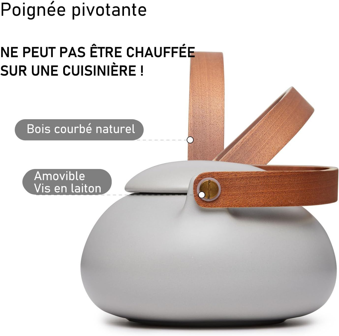 ZENS Theiere avec infuseur, Théière en japonaise avec 4 tasse pour le thé en vrac, gris céramique Théière avec filtre en acier inoxydable 304 pour les fleurs Thé, manche en bois moderne