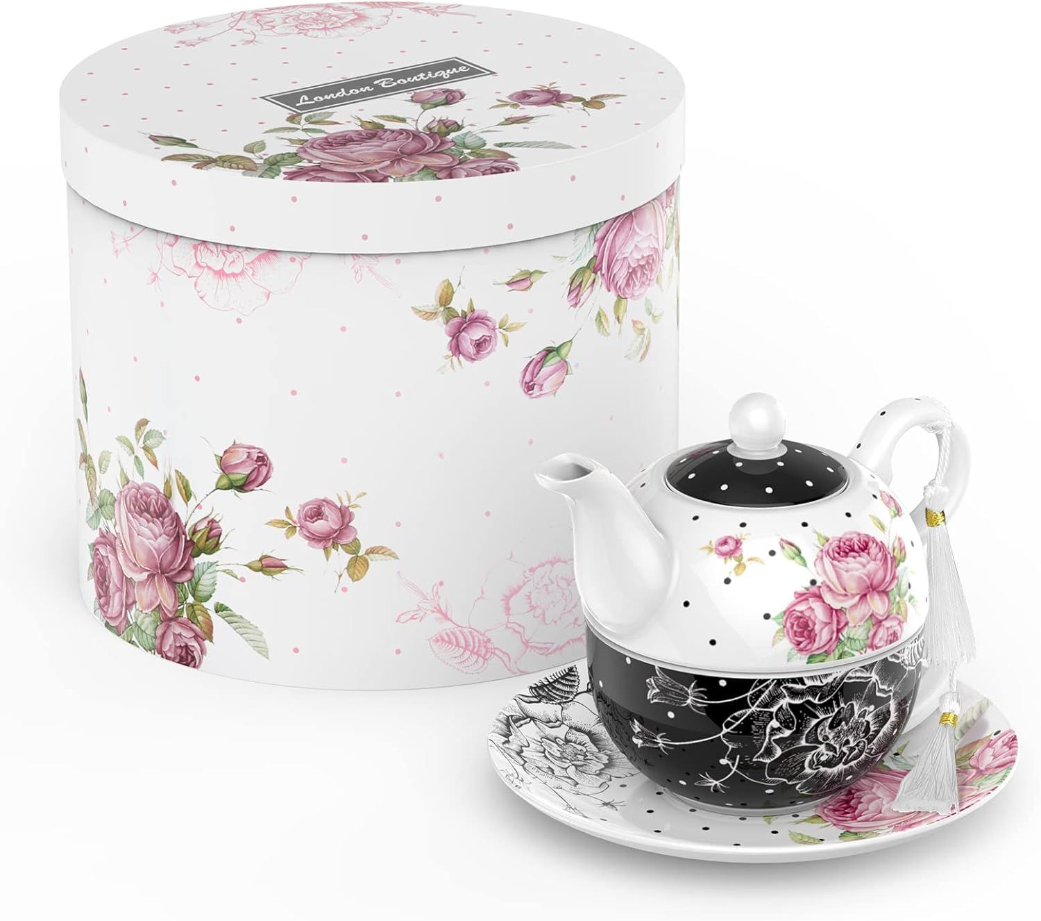 London Boutique - Théière, tasse et sous-tasse en porcelaine pour femme - Motif floral vintage - pour 1 personne - 350 ml (noir)
