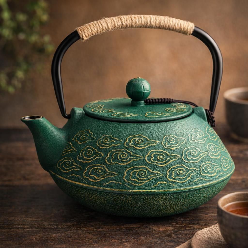 Théière en Fonte, Théière Japonaise avec Inspergraphe pour Feuille Libre, Bouilloire à Thé 800ml pour Cuisinière Enduite d’Intérieur émaillé, Motif Nuages, Vert
