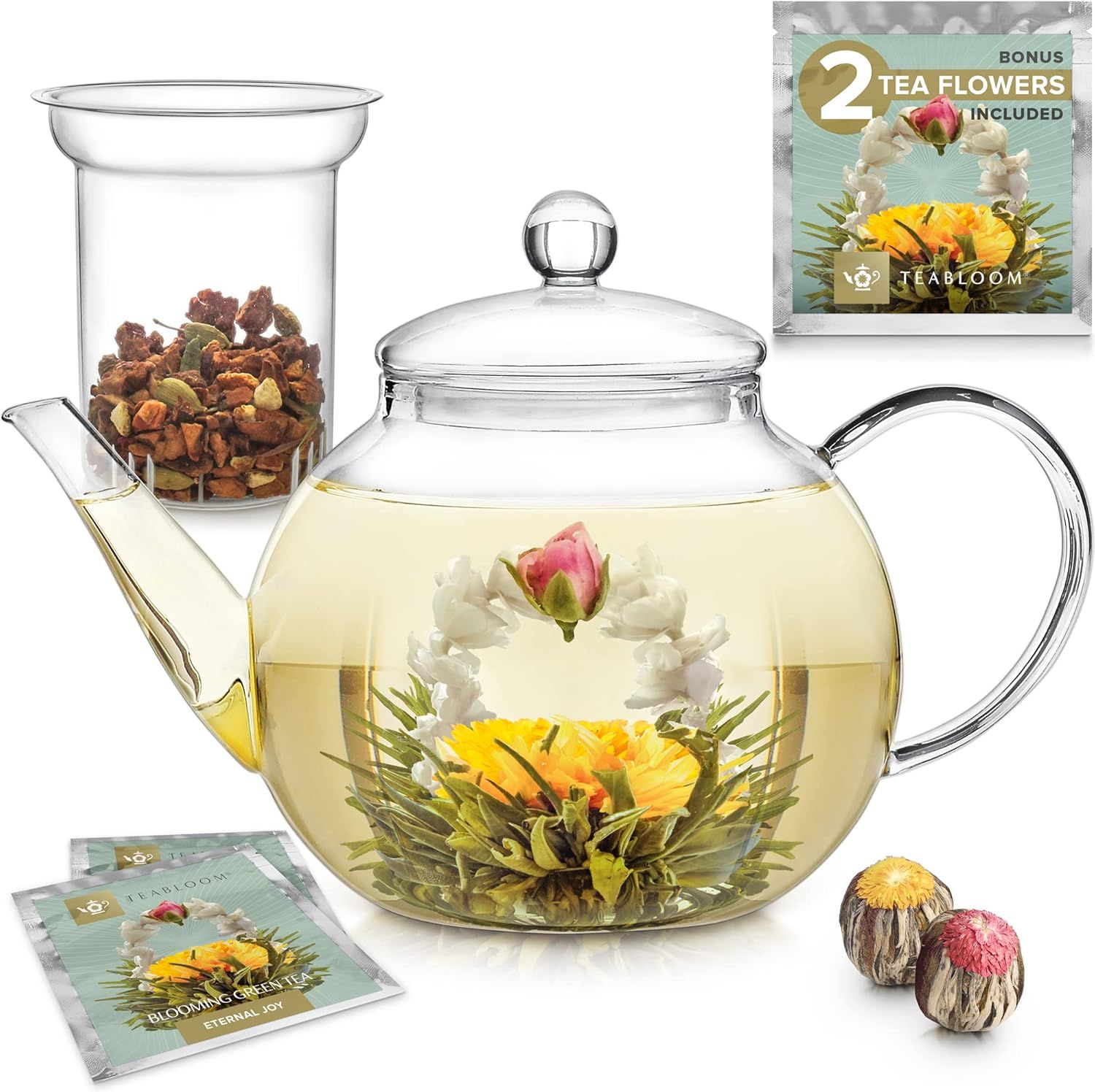 Teabloom Théière en Verre, Résistante à la Cuisson et aux Micro-ondes, avec Infuseur Amovible pour Thé en Vrac – 2 Thés Fleuris Inclus – Bouilloire et Machine à Thé 1.2 L