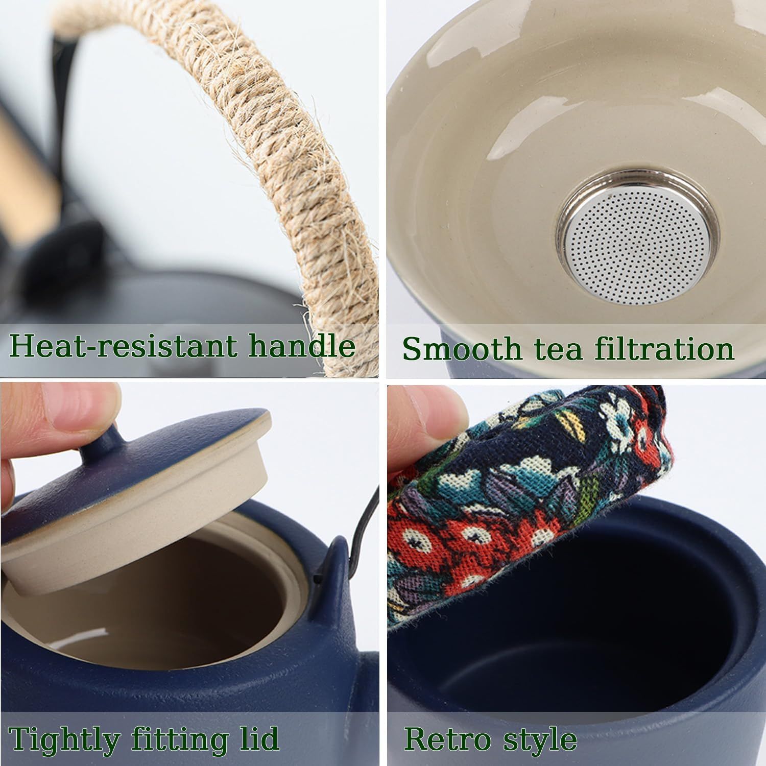 14 Pièces Thé Complet - Service à thé en Porcelaine avec et Plateau, Service à thé Japonais, Service à thé chinois pour Thé en Vrac,6 Tasses en Céramique Isolées de 120 ml,220ml Théière Thés à Fleurs