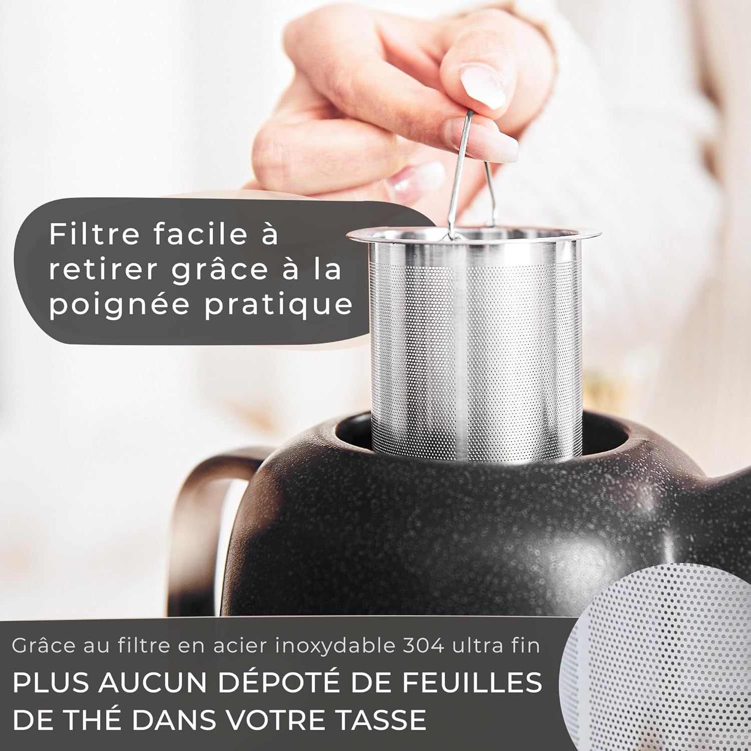 STEINZEIT Theiere avec infuseur design (1,3L) – Théière avec filtre en acier inoxydable 304 – Théière en céramique avec glaçure unique – Filtre amovible – noire