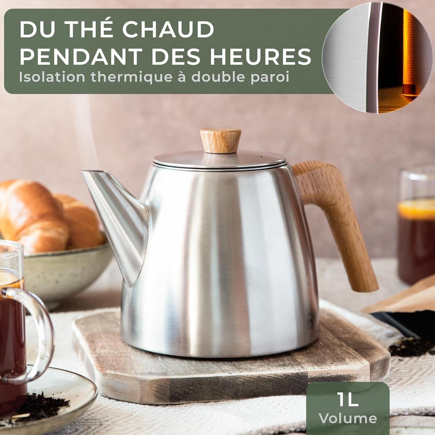 WALDWERK Théière avec Infuseur Inox à Double Paroi - Isotherme avec Poignées en Chêne - 100% Anti-goutte