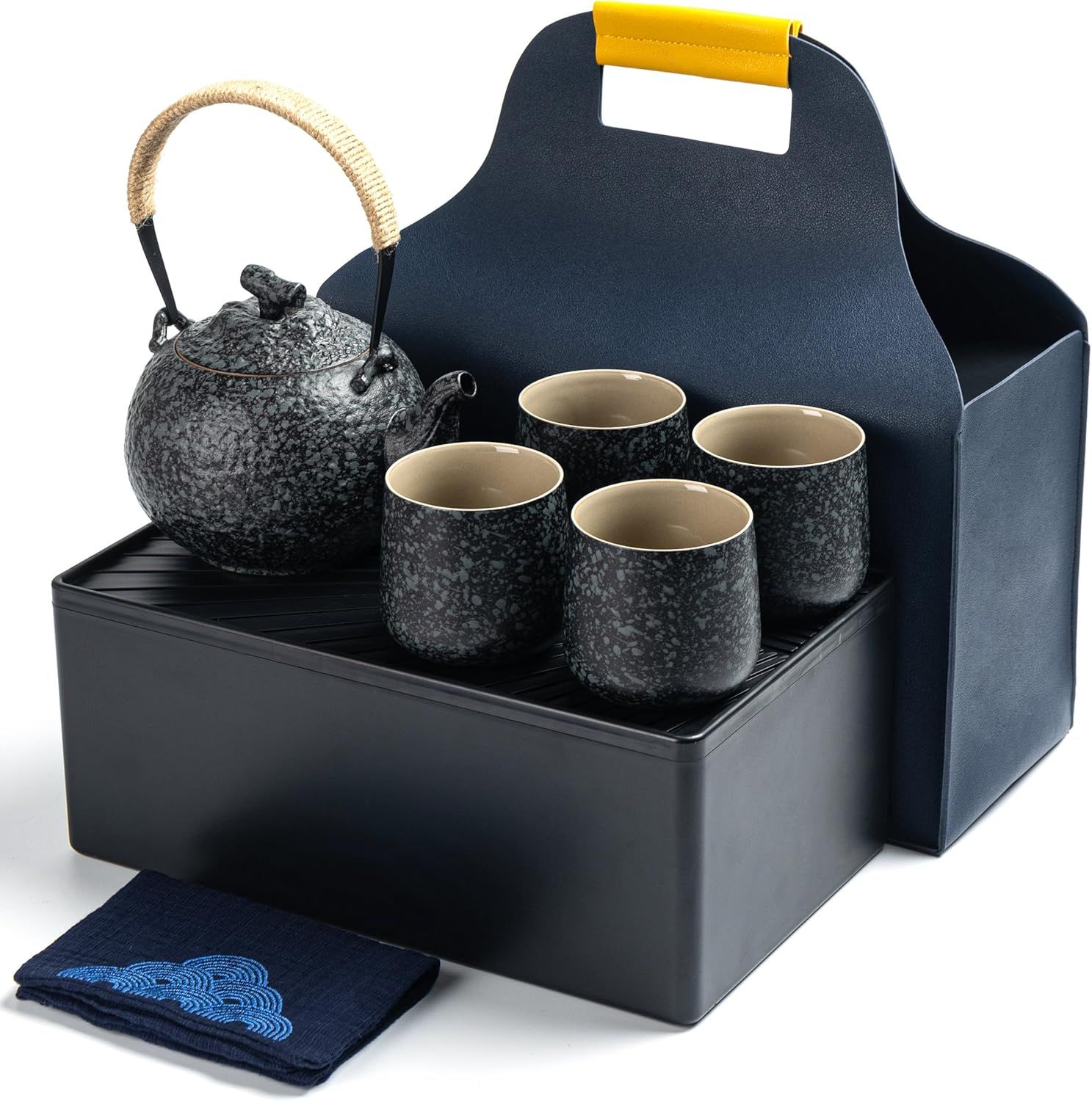 TEANAGOO Service à thé japonais portable, service à thé de voyage en porcelaine gris anthracite, 1 théière (700ml/25oz) + 4 tasses à thé (205ml/7.2oz), U2, étui de rangement pour plateau