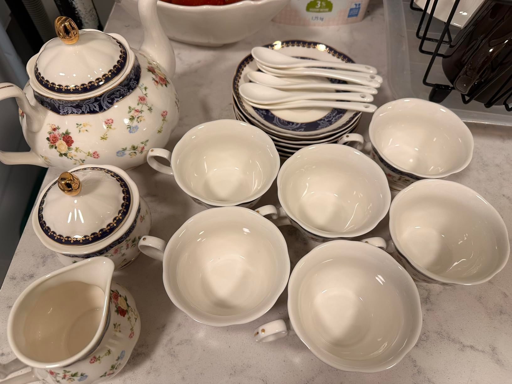 fanquare 21 Pièces Rose Bleue Ensemble de Thé Britannique pour l'après-midi, Ensemble de Théières en Porcelaine Moderne, Vintage Café Tasse et Soucoupe, Service à Thé Adulte pour 6 Personnes