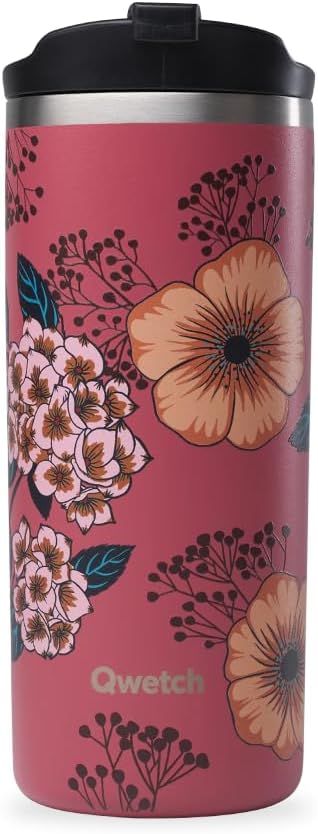 QWETCH - Travel Mug Isotherme - Anémones 470ml - Thermo Café & Thé en Inox - 6h Chaud et 12h Froid - Étanche, Mug de voyage