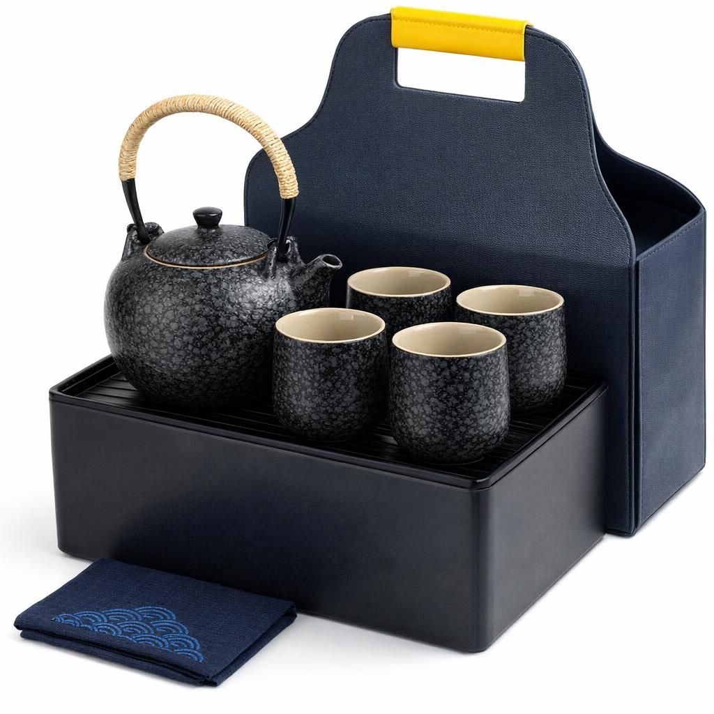 TEANAGOO Service à thé japonais portable, service à thé de voyage en porcelaine gris anthracite, 1 théière (700ml/25oz) + 4 tasses à thé (205ml/7.2oz), U2, étui de rangement pour plateau