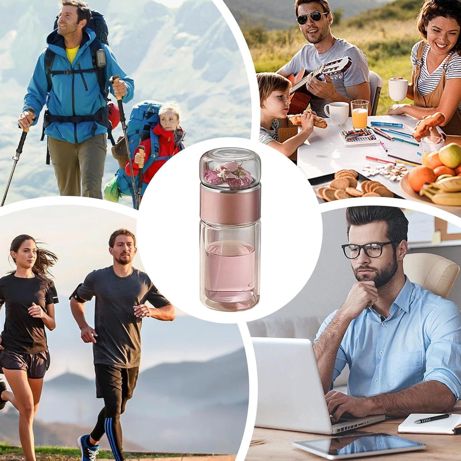 Infusifie Infuseur à thé en verre 280/350/420 ml Bouteille à thé isotherme double couche Séparation de l'eau et du thé Bouteille à thé Portable de voyage avec filtre en acier inoxydable