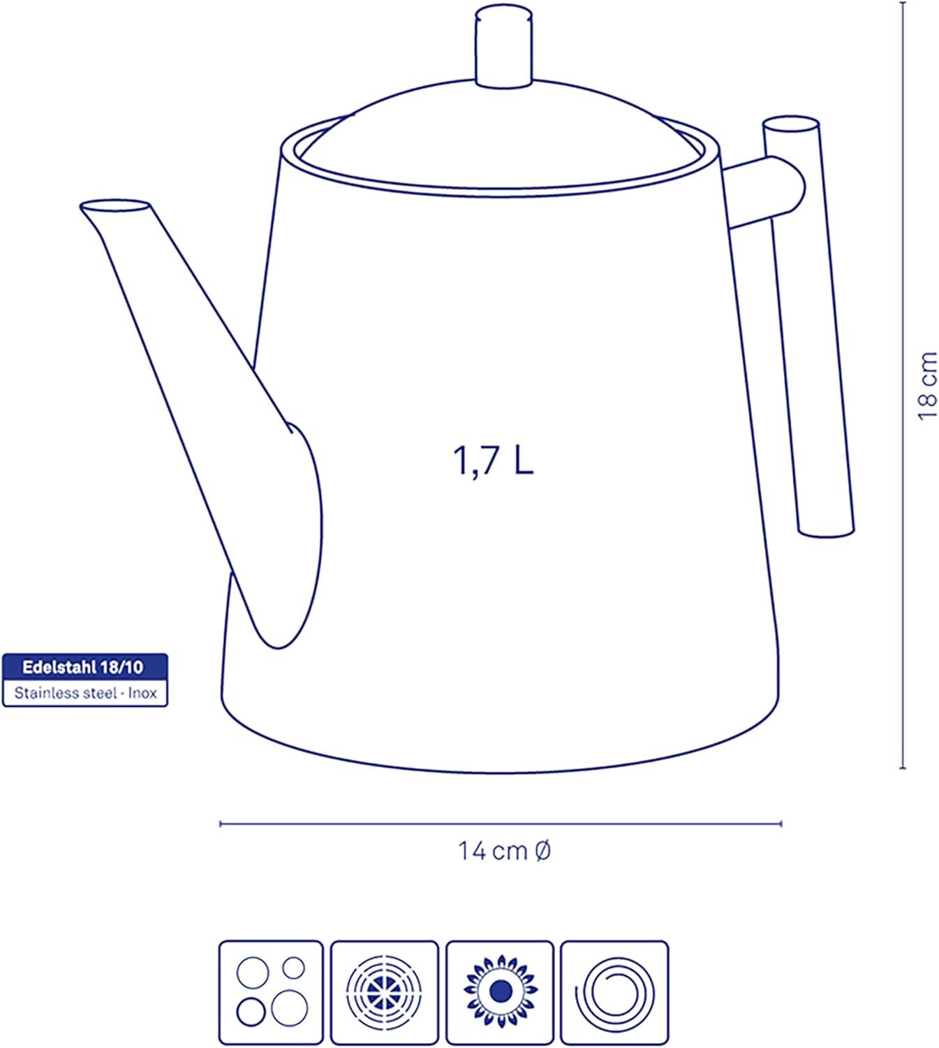 kela Théière avec filtre, théière en acier inoxydable 1,7 l ANCONA, théière pour thé en vrac et sachets de thé, bouilloire à thé