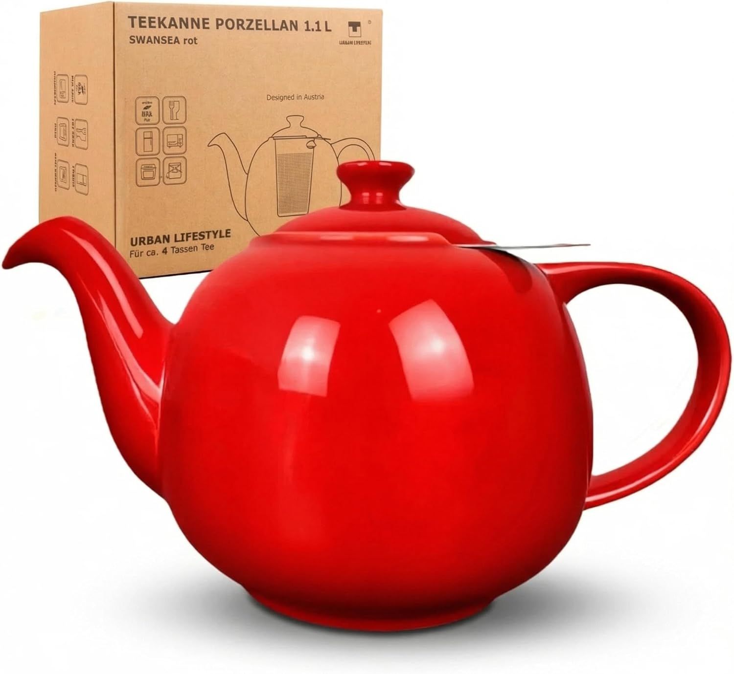 URBAN LIFESTYE Théière avec infuseur 1,1 L en porcelaine rouge Théière anti-goutte Infuseur intégré pour thé loose (Swansea)