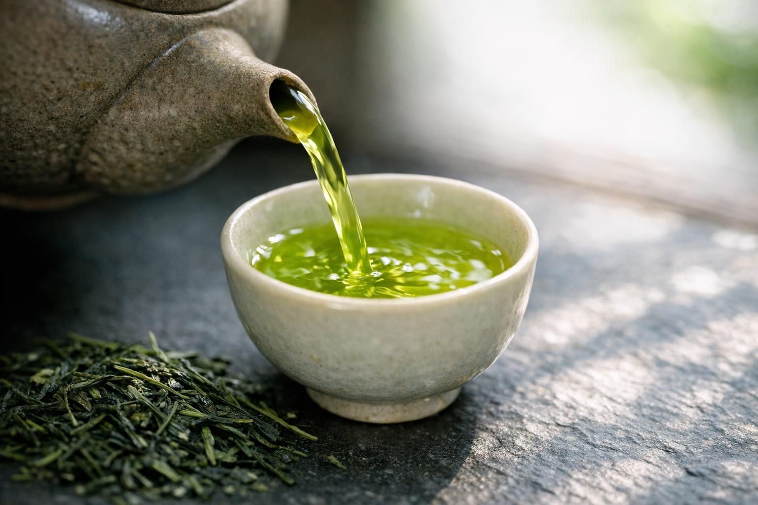 Matcha japonais haut de gamme préparé dans un bol chawan avec fouet chasen