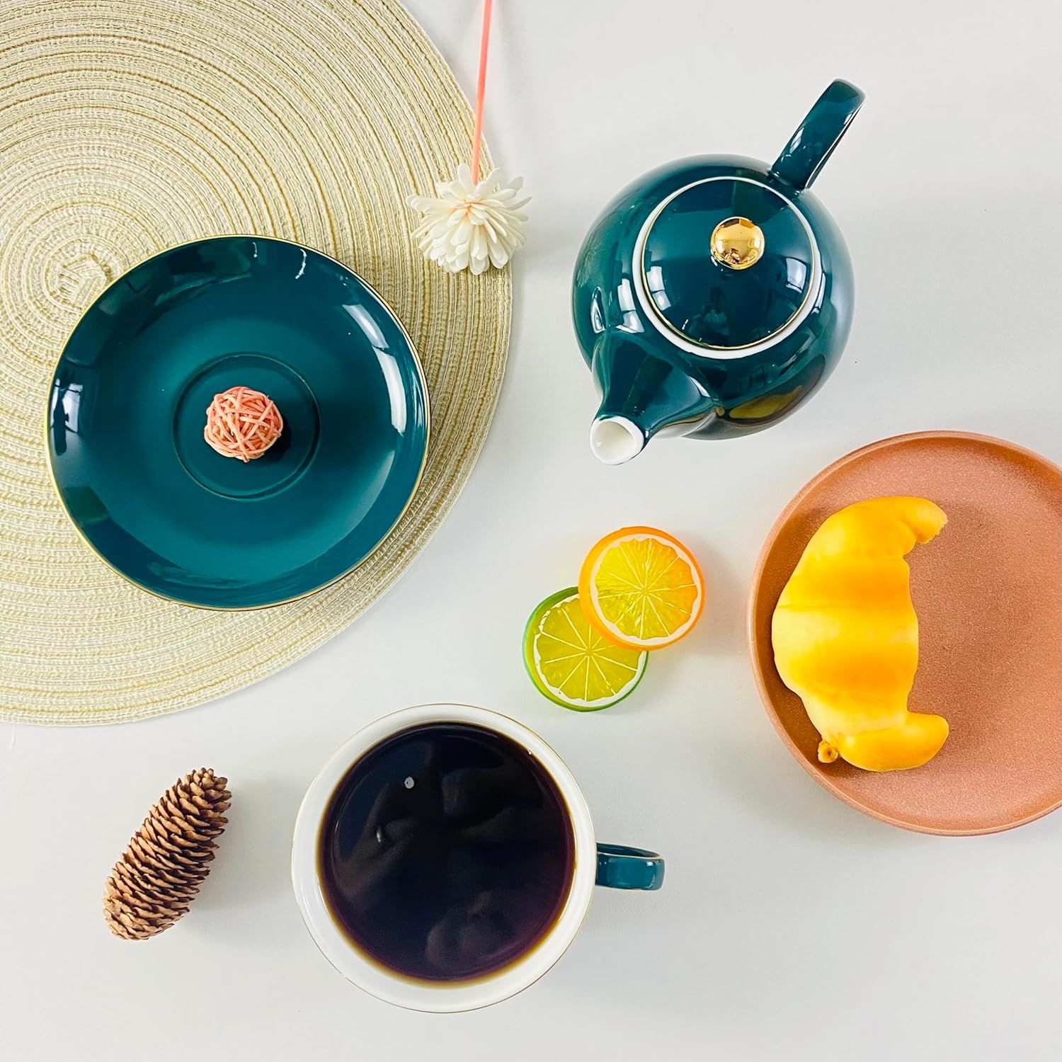 YBK Tech Service à thé en Céramique pour une Personne, théière de 12oz et Tasse de 8.2oz avec Soucoupe (Vert Paon)