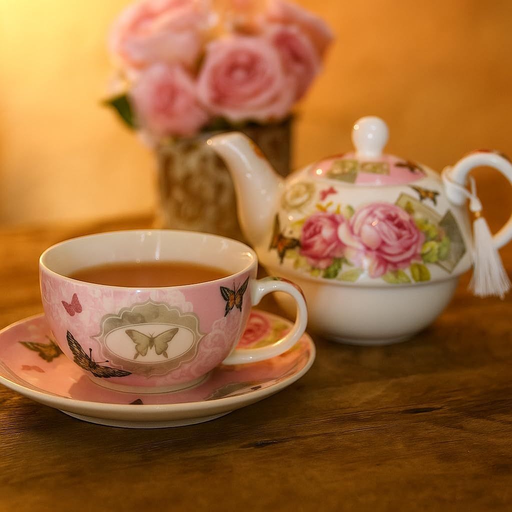 London Boutique Ensemble théière, tasse et soucoupe vintage en porcelaine pour 1 personne, motif floral avec rose et papillons, boîte-cadeau incluse