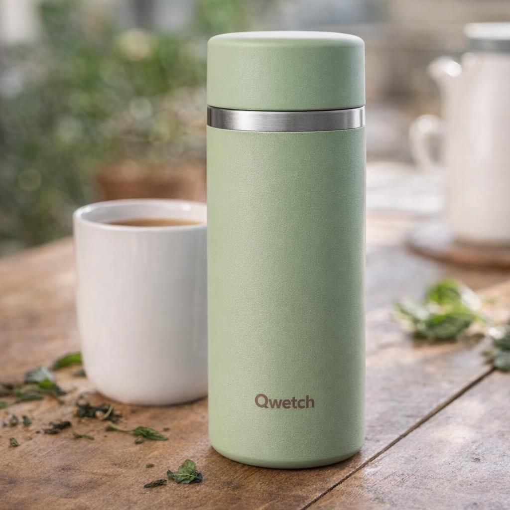 Qwetch - Théière Isotherme Nomade 400ml - Infuseur avec 2 Filtres - 12h Chaud / 24h Froid - Étanche, Réutilisable & Durable - Pour Thé, Café, Tisane, Fruits (Vert Tilleul)