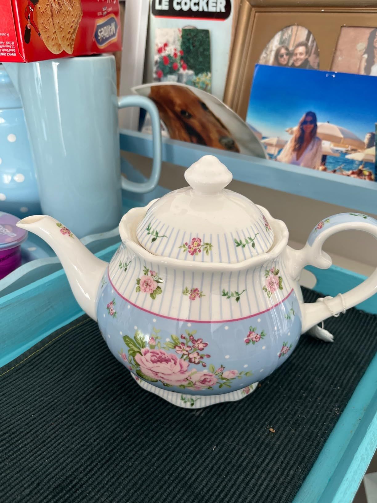 London Boutique Service à thé en porcelaine avec sucrier et pot à crème vintage style shabby chic avec coffret cadeau Motif rose et papillon rose