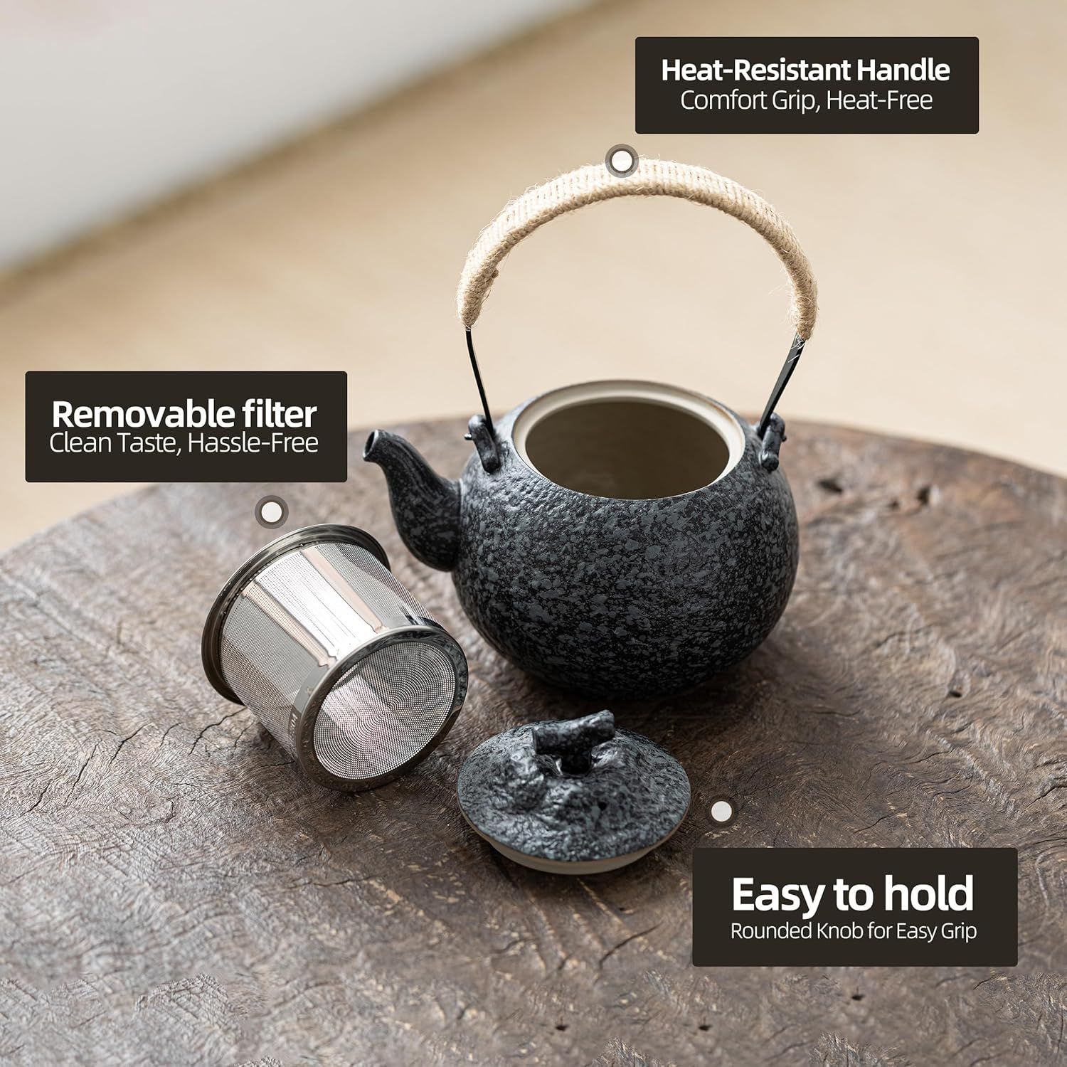 TEANAGOO Service à thé japonais portable, service à thé de voyage en porcelaine gris anthracite, 1 théière (700ml/25oz) + 4 tasses à thé (205ml/7.2oz), U2, étui de rangement pour plateau