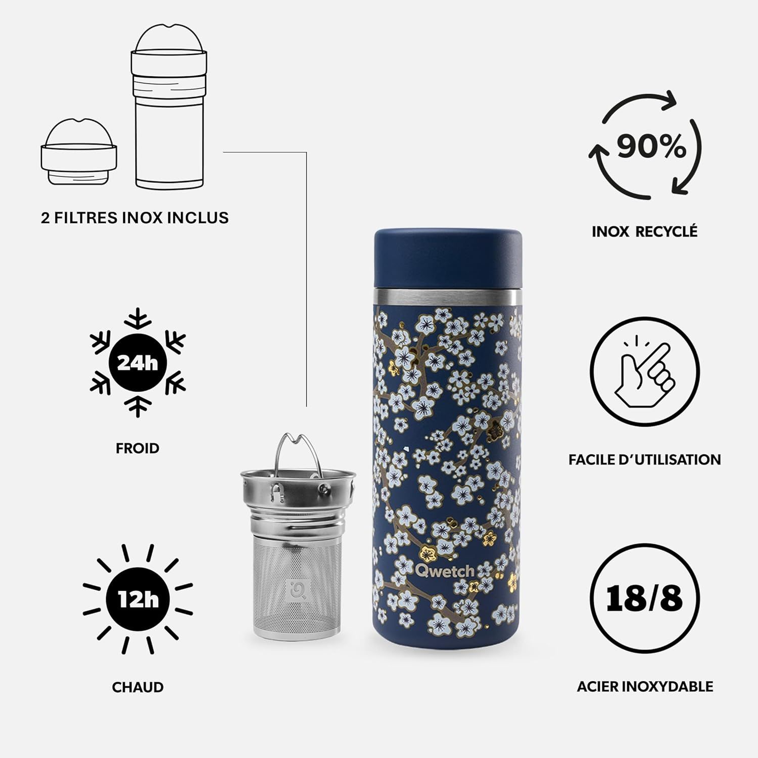 Qwetch - Théière Isotherme Nomade 400ml - Infuseur avec 2 Filtres - 12h Chaud / 24h Froid - Étanche, Réutilisable & Durable - Pour Thé, Café, Tisane, Fruits (Flowers Bleu Nuit)