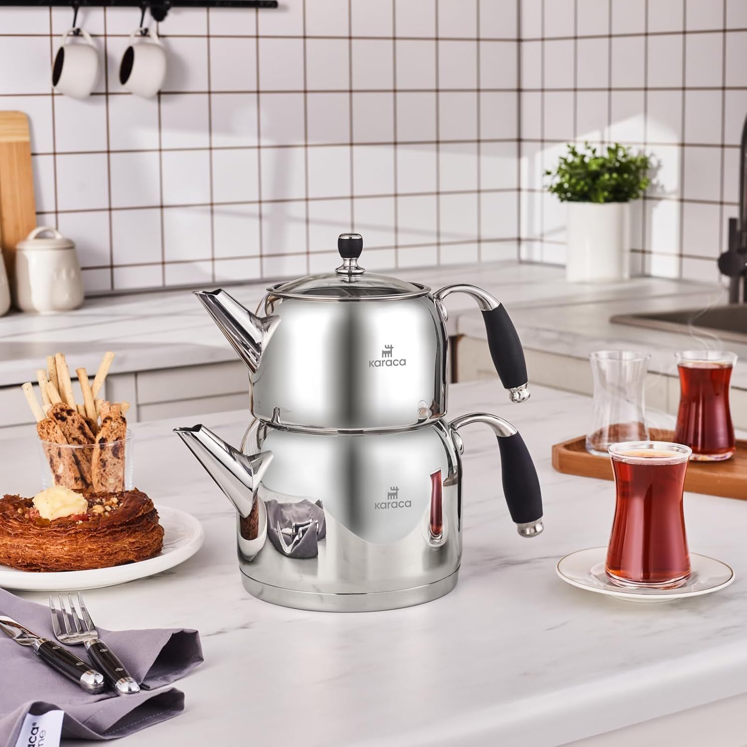 Karaca Stella Set de Théière Turque en Acier Inoxydable, Bouilloire 2L, Théière 1L, Poignées Résistantes à la Chaleur, Finition Poli, Compatible Induction Turkish Teapot & Caydanlik