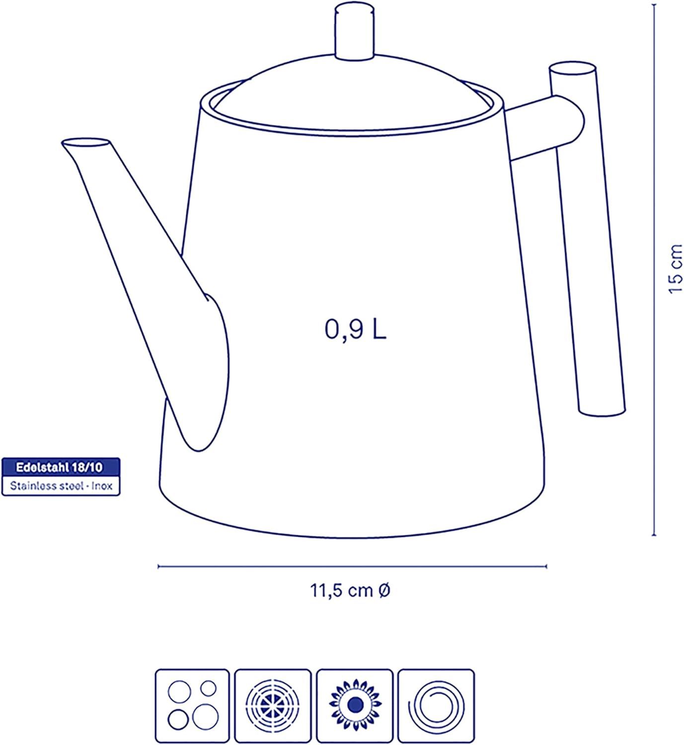 kela Théière avec tamis, théière en acier inoxydable 0,9 l ANCONA, théière pour thé en vrac et sachets de thé, bouilloire à thé