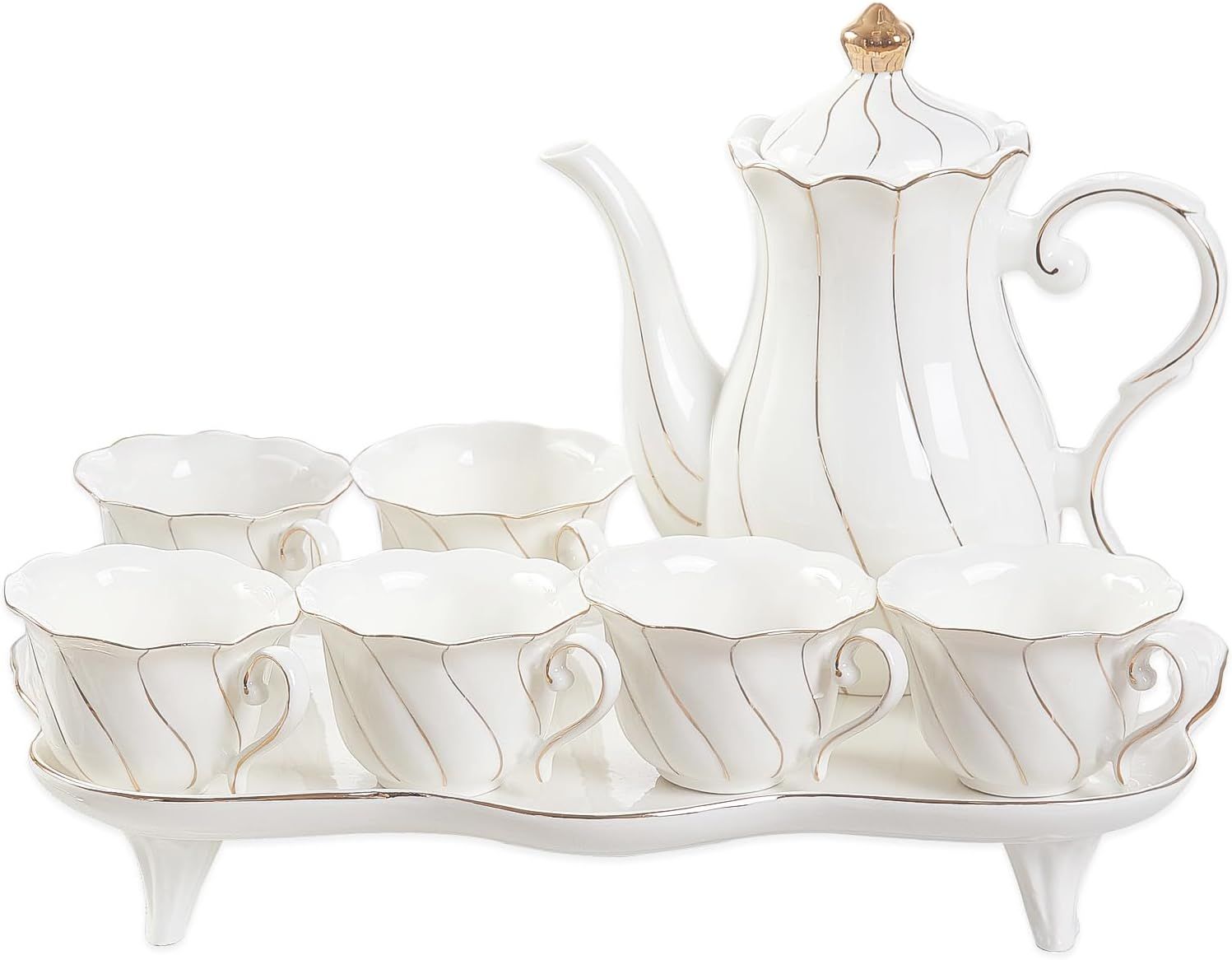 DUJUST Ensemble de Thé 14 Pièces de 6, avec Plateau à Thé et Cuillères, Ensemble de Tasses à Thé/Café de Style Britannique de Luxe avec Garniture Dorée
