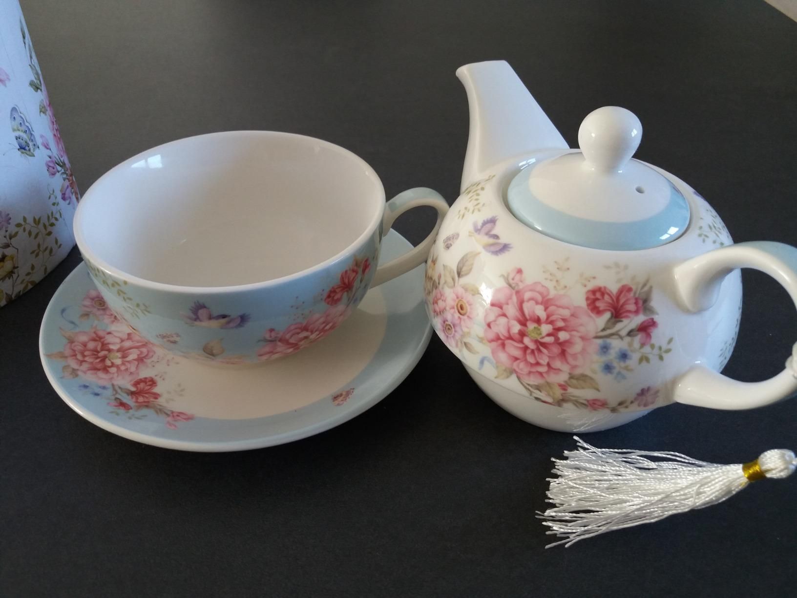 Ensemble de théière, tasse et soucoupe en porcelaine pour une personne à motif floral boîte cadeau