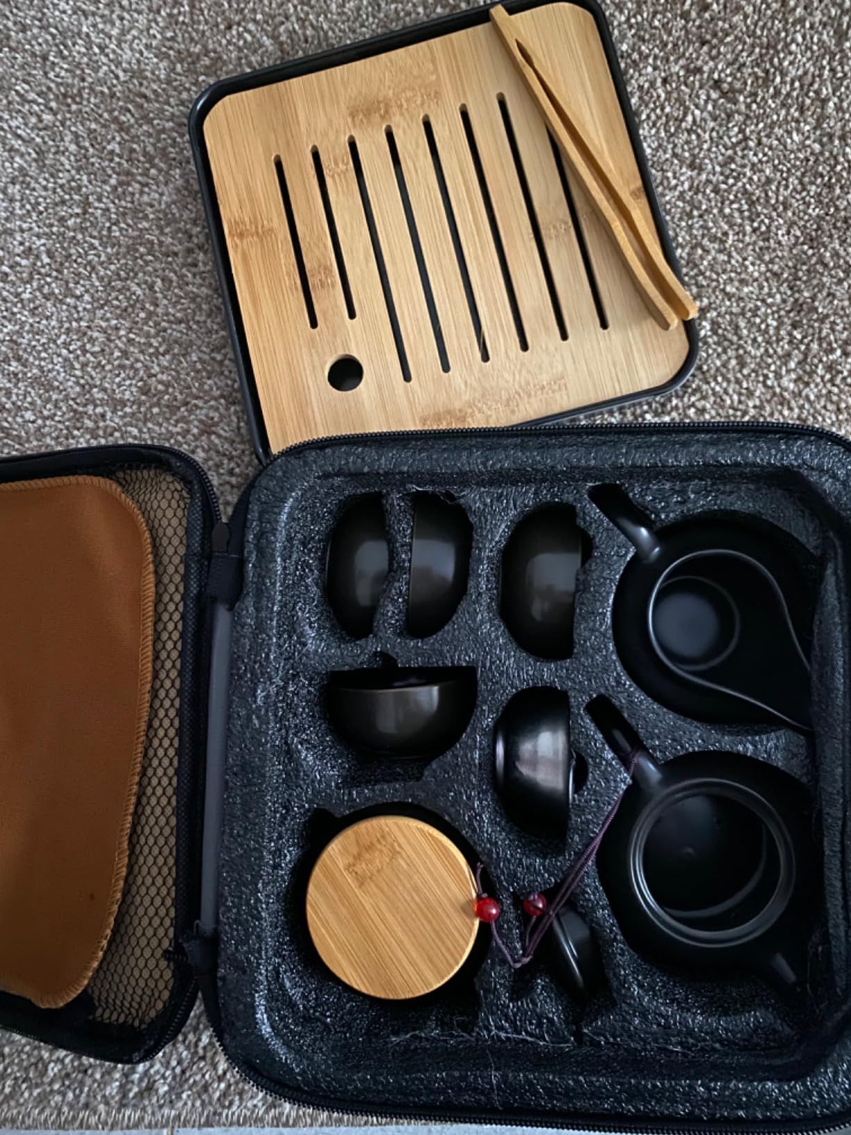 Théière chinoise avec plateau et infuseur - Théière portable en porcelaine - Sac tout-en-un - Pour extérieur, pique-nique, affaires, hôtel (noir)