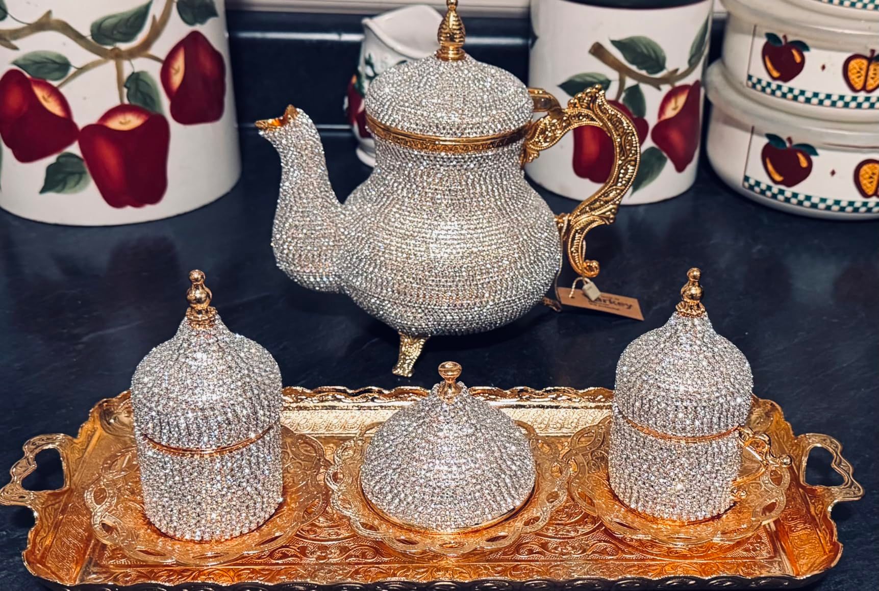 DEMMEX Théière artisanale turque marocaine arabe décorative dorée avec strass en cristal, 1,2 kg, 20,3 x 17,8 cm